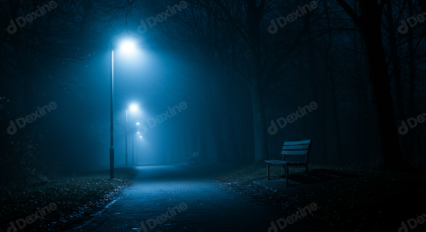 Eerie Blue Light Illuminates A Deserted Park Path In Dense Fog