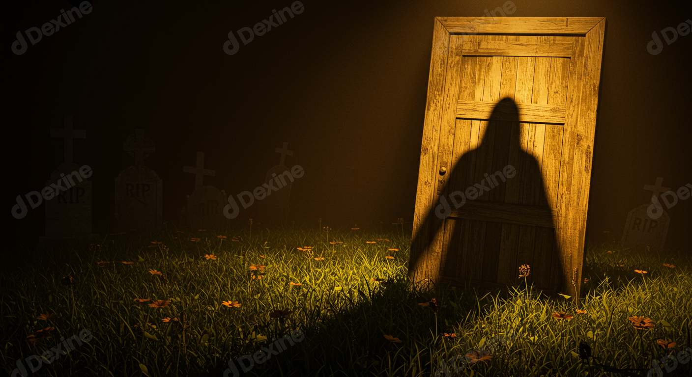 Eerie Shadow Figure Appears At Mysterious Door In Dark Graveyard