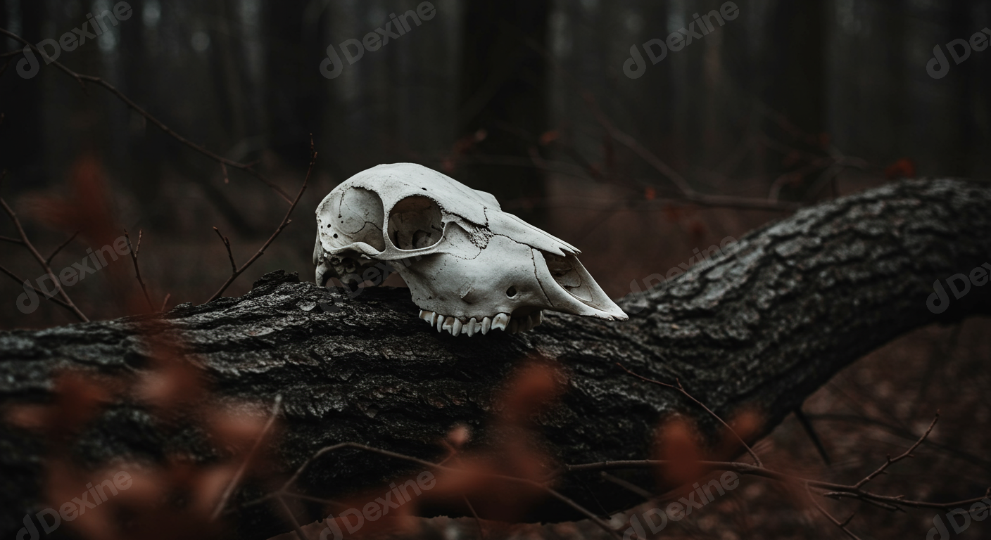 Eerie Wild Animal Skull On Fallen Log In Dark Forest Scene