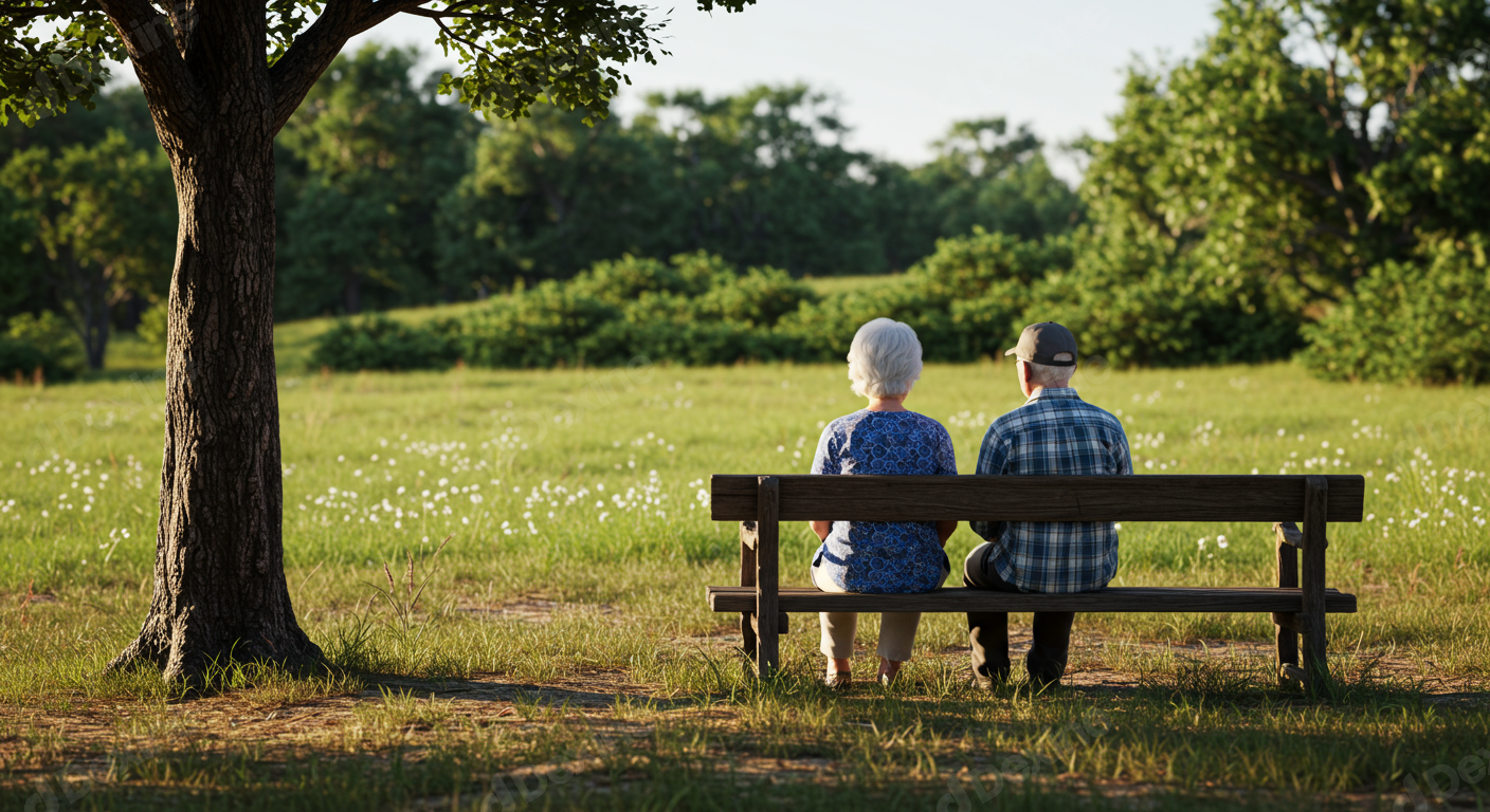 Elderly Pair Relaxing On Park Bench In Serene Nature
