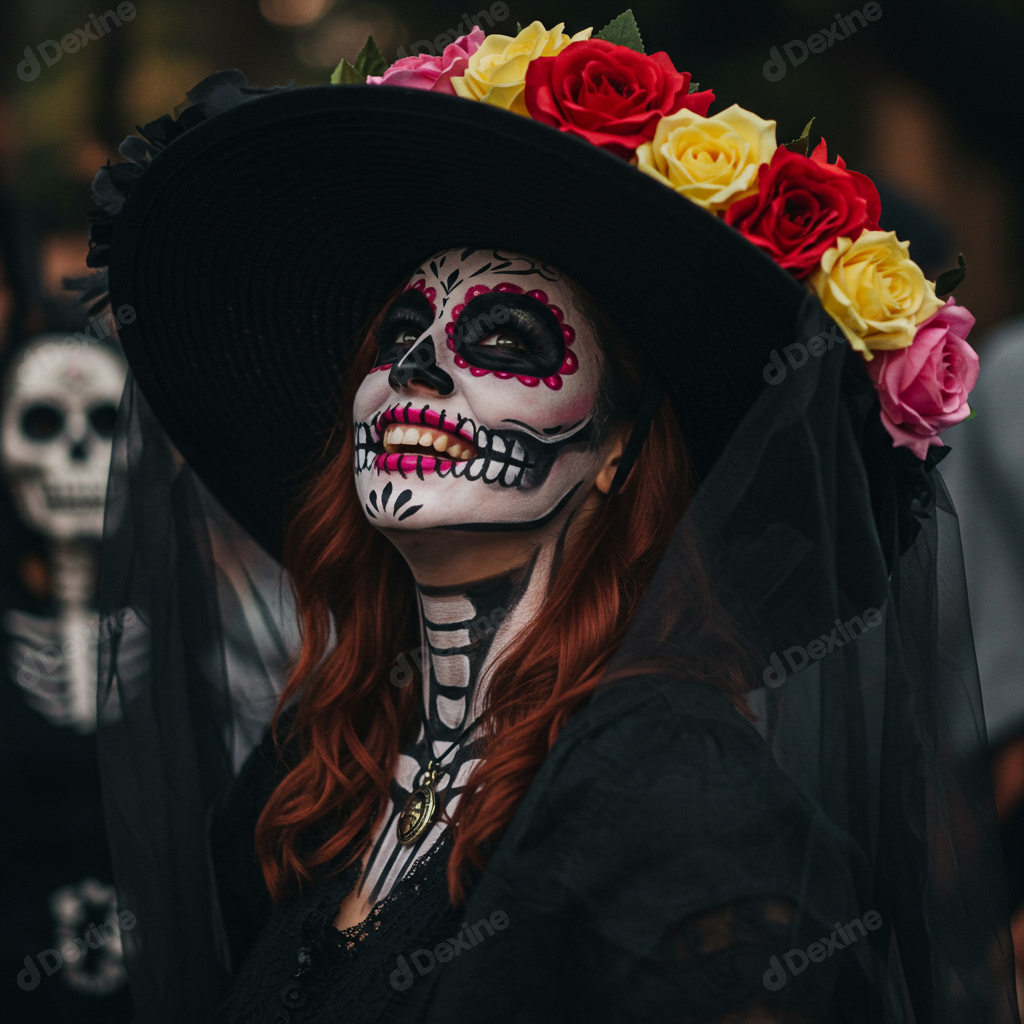 Elegant Catrina Celebrating Day Of The Dead With Vibrant Sugar Skull Makeup