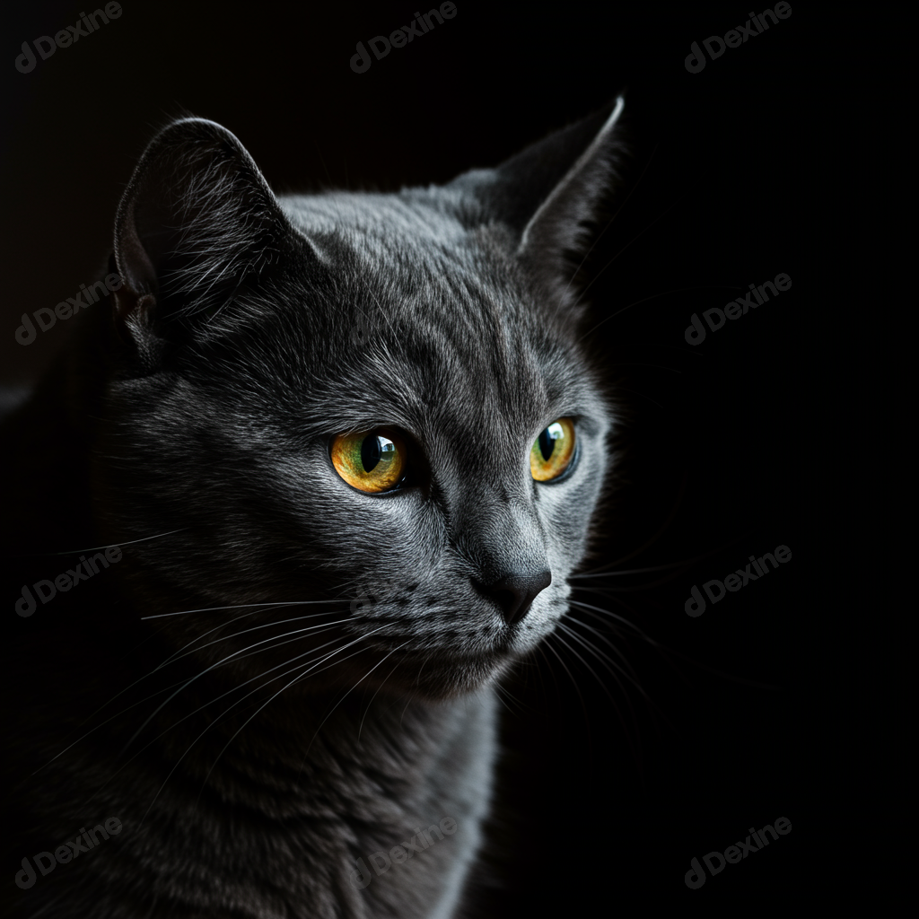 Elegant Grey Cat With Intense Golden Eyes On Dark Background