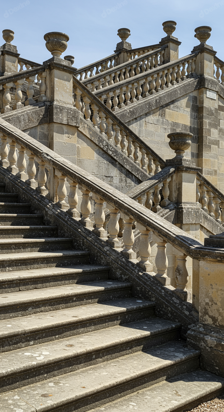 Elegant Historic Stone Staircase With Ornate Balustrade And Urns