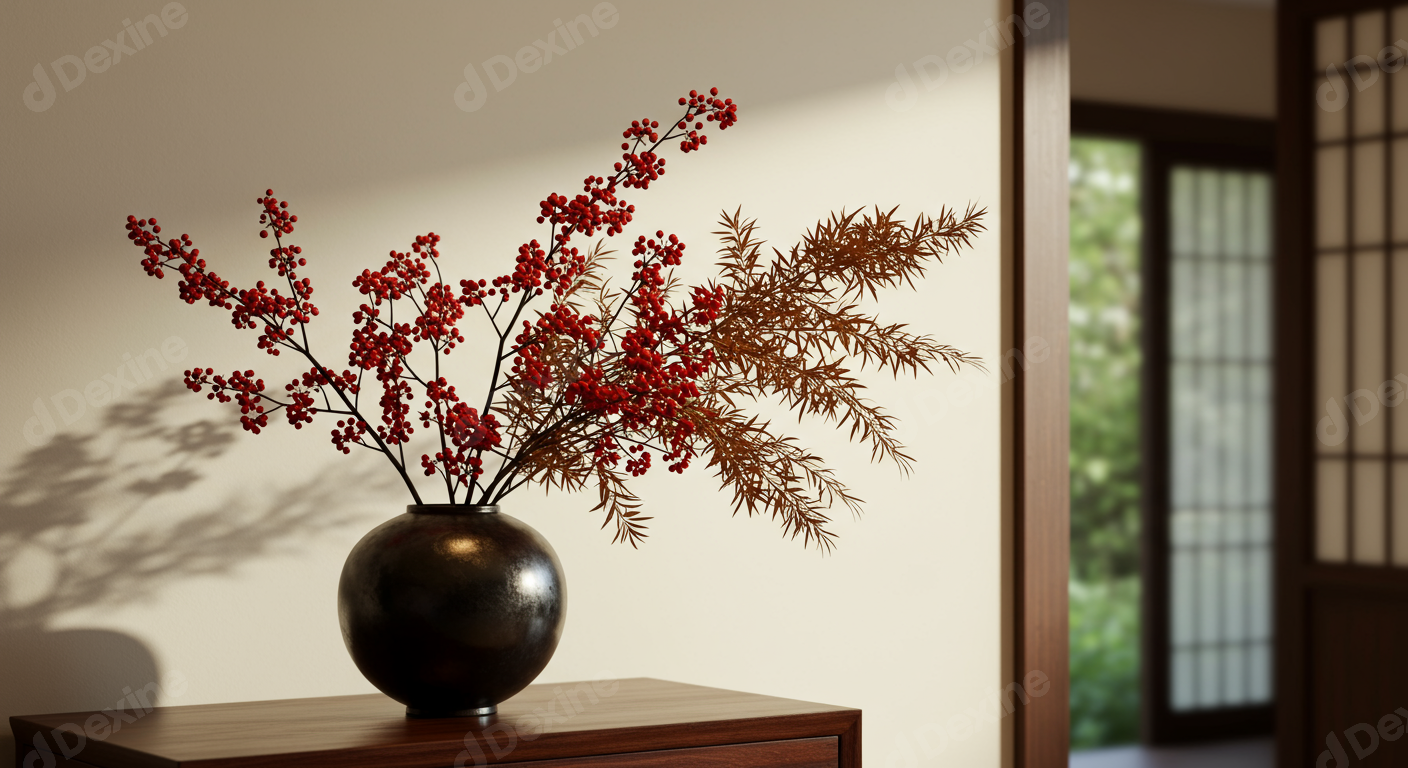 Elegant Japanese Still Life Red Berries In Vase With Shoji Screen Background