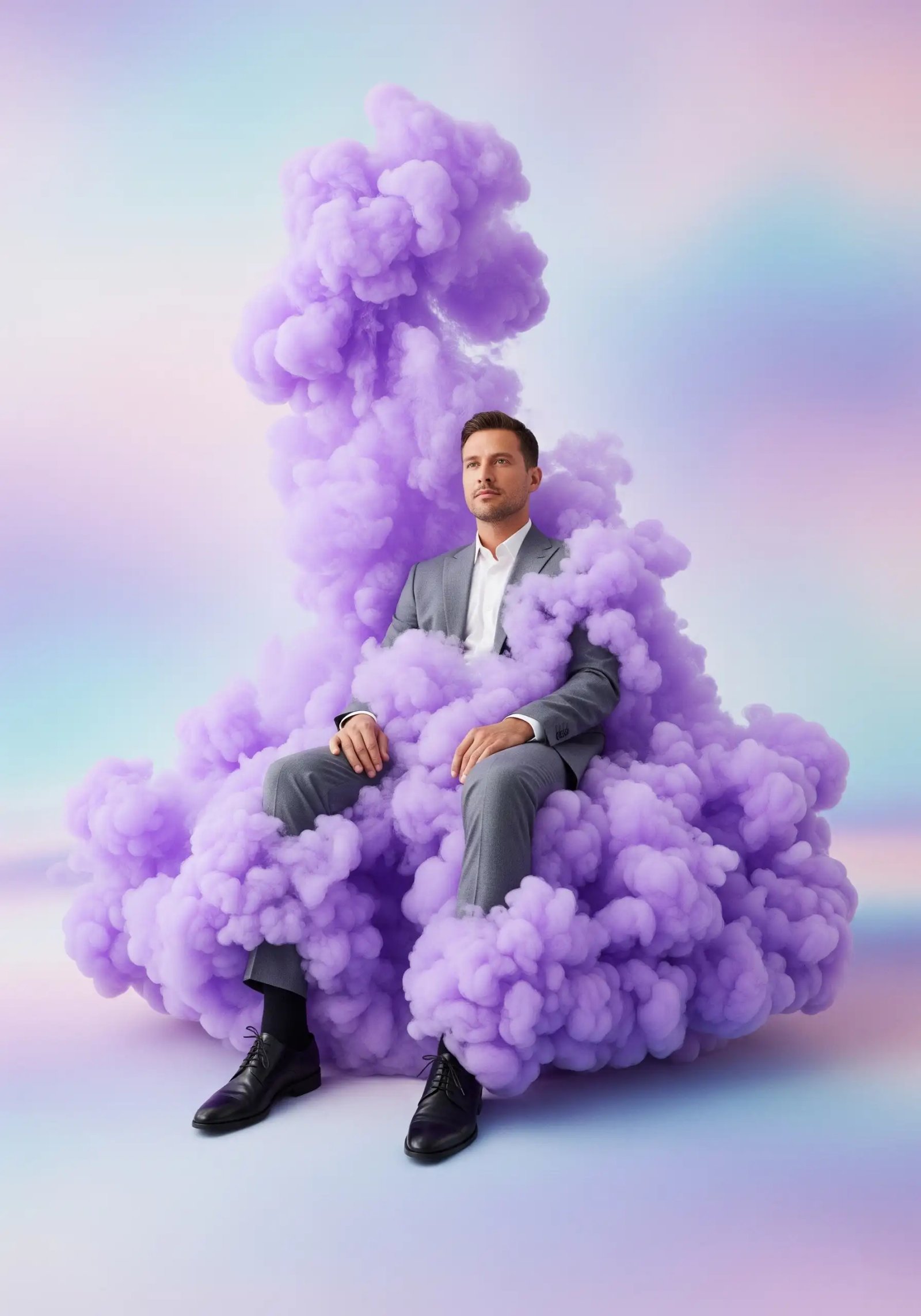 Elegant Man Seated In Dreamy Purple Abstract Smoke