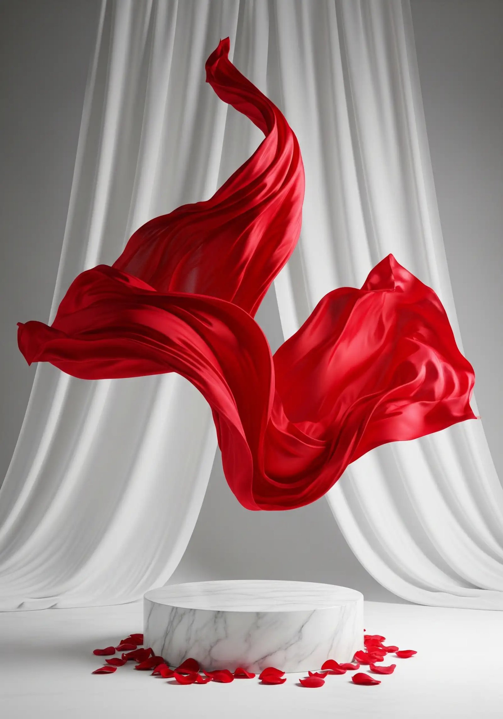 Elegant Red Flowing Fabric Above Marble Podium With Rose Petals
