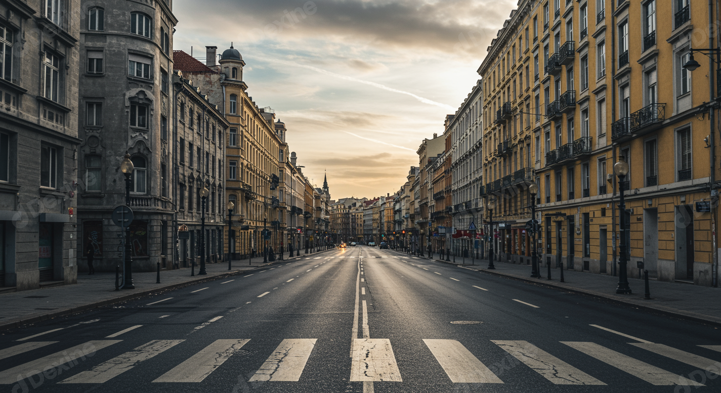 Empty European City Street At Dusk With Historic Buildings