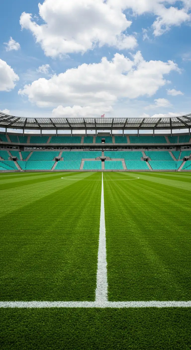 Empty Football Soccer Stadium Field With Green Grass And Seating