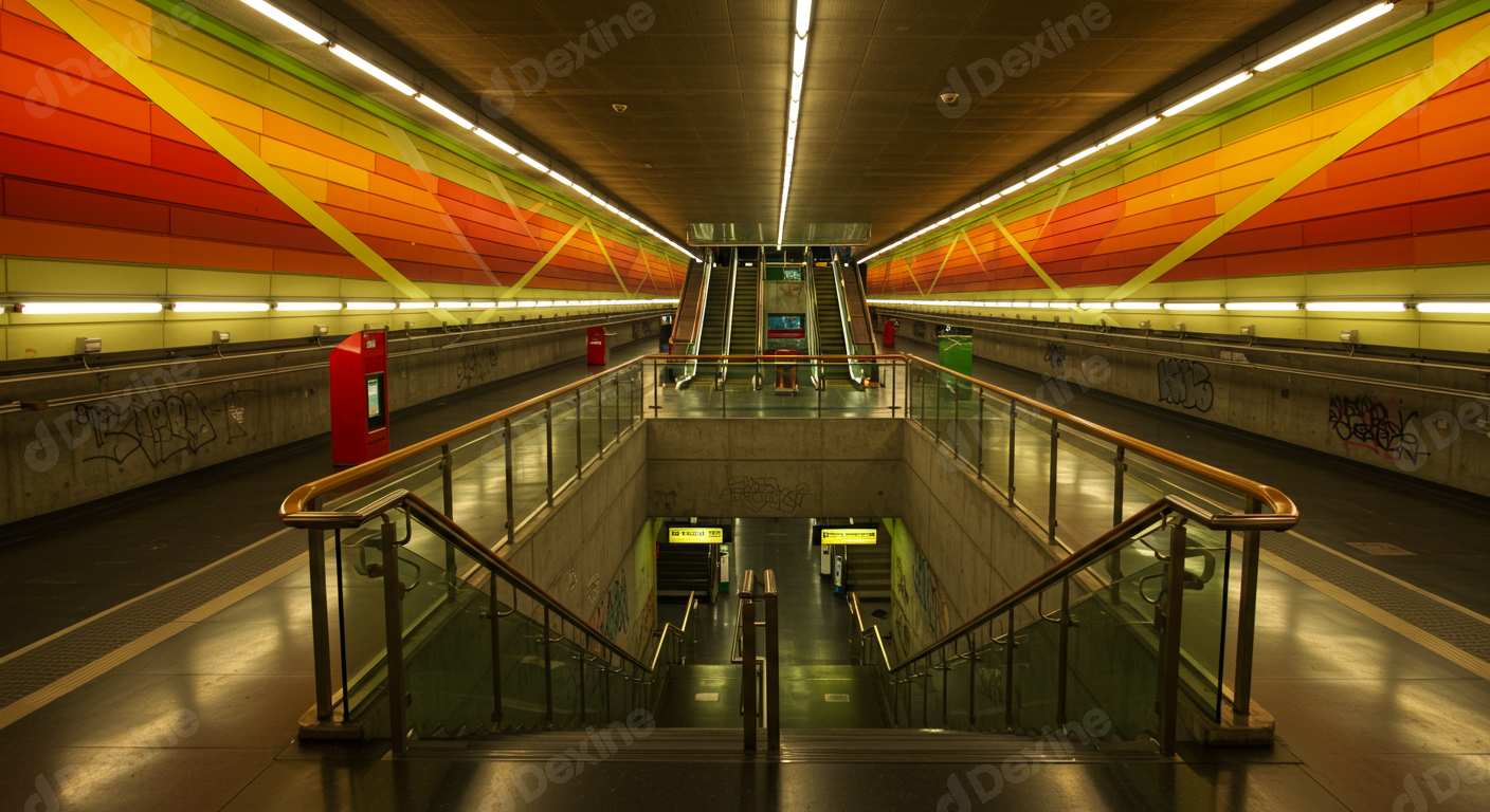Empty Modern Underground Station With Colorful Art And Escalators
