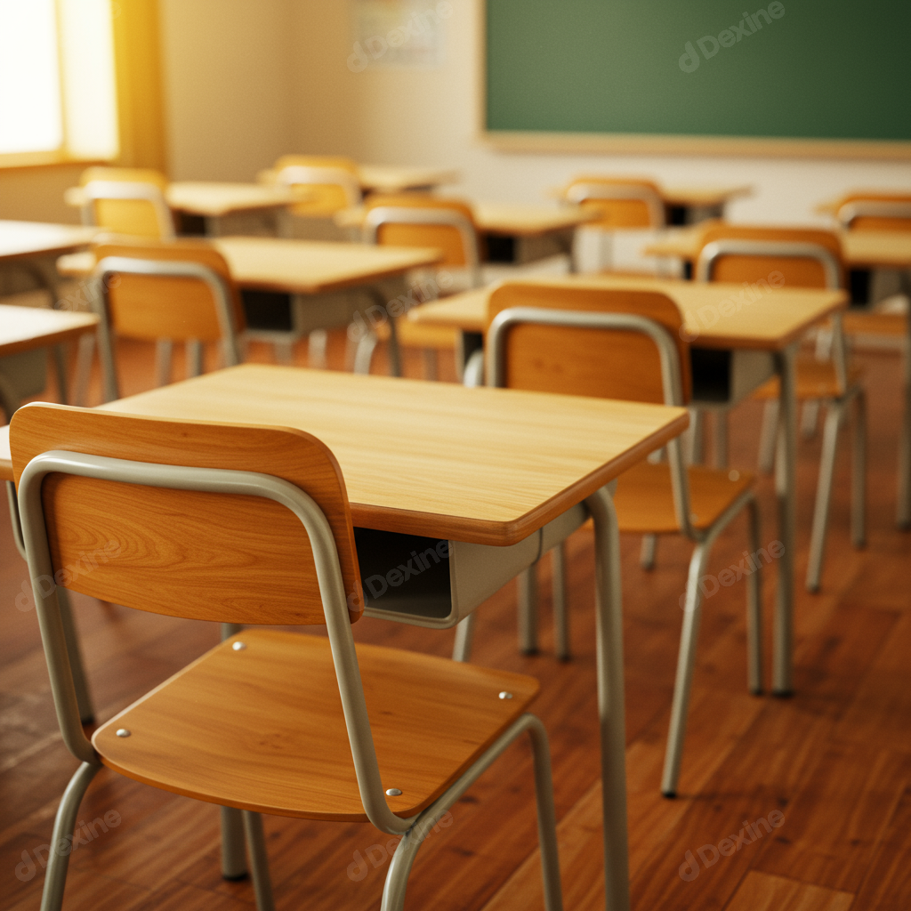 Empty School Classroom With Wooden Desks And Chalkboard
