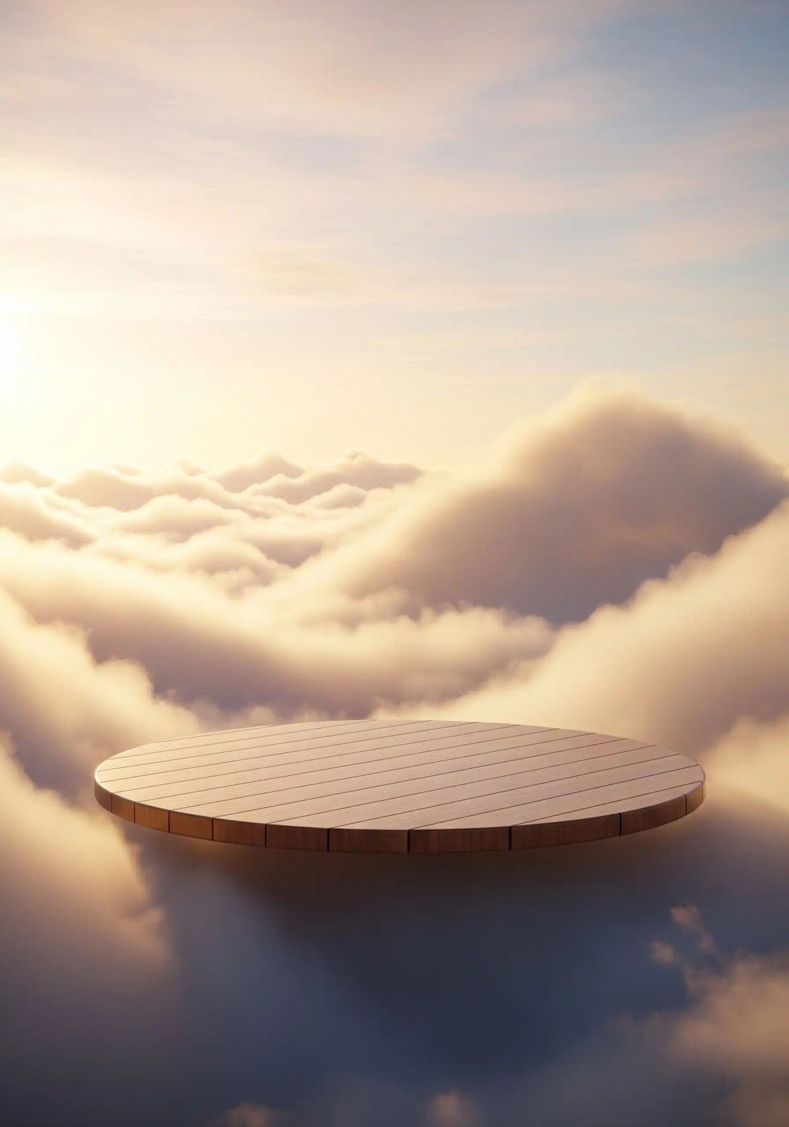 Empty Wooden Platform Floating In Dreamy Clouds At Golden Hour