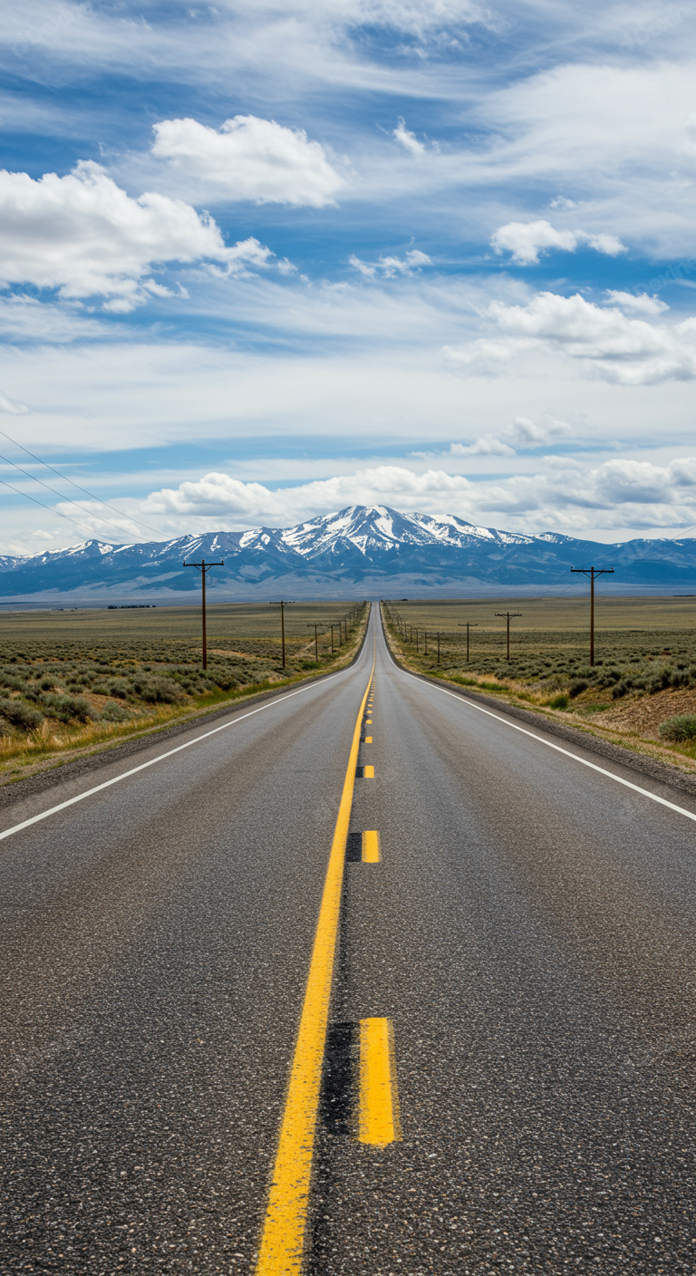 Endless Desert Road Leading To Majestic Snow Capped Mountains