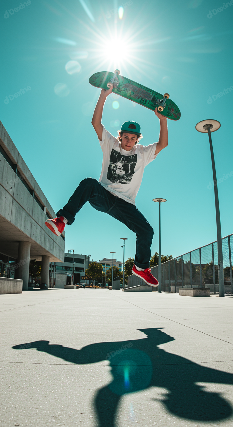 Energetic Young Skateboarder Jumping With Board Against Bright Sky