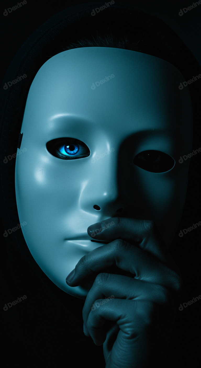 Enigmatic Figure In White Mask With Intense Blue Eye