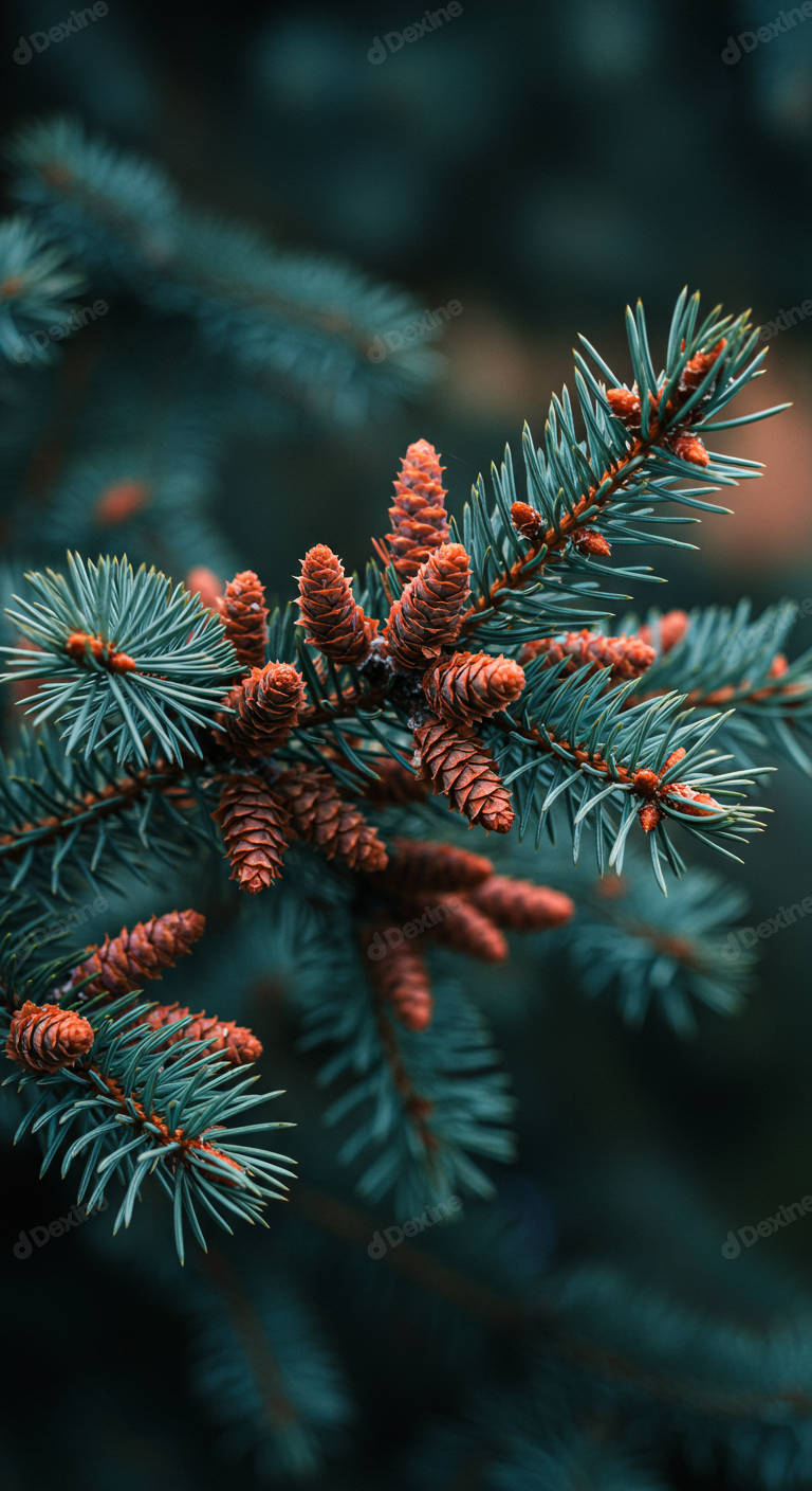 Evergreen Pine Branch With Vibrant Cones Close Up In Forest