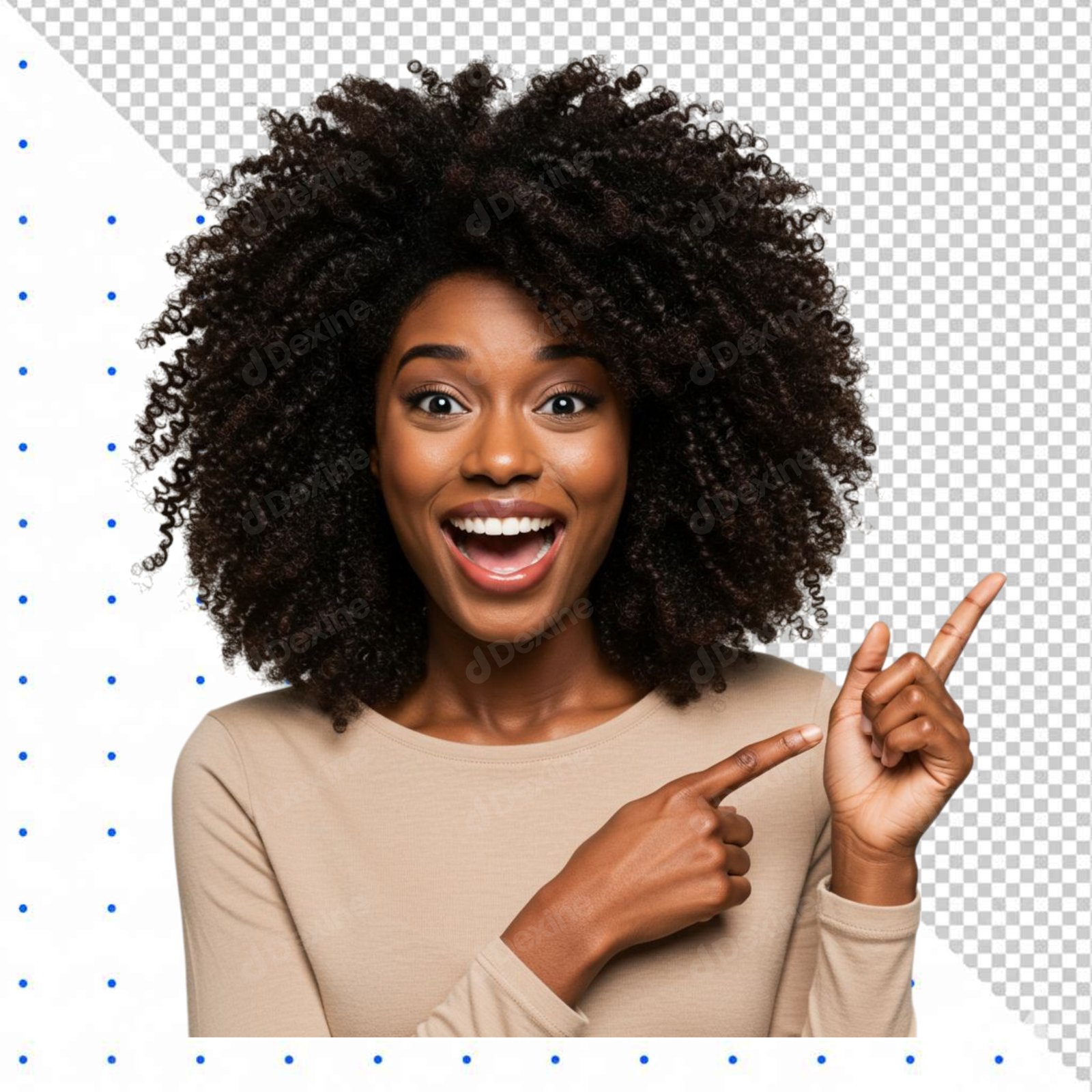 Excited African American Woman Pointing Right Transparent PNG Cutout