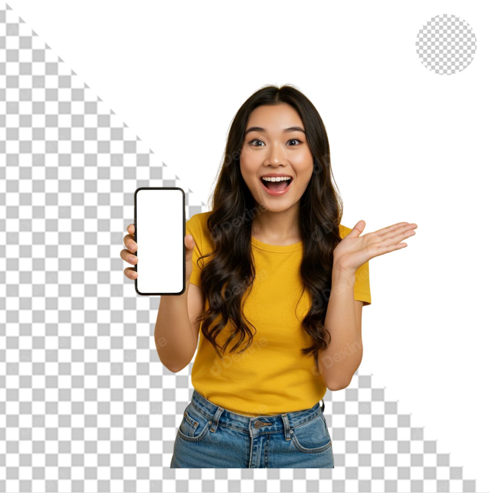 Excited Asian Woman Showing Smartphone Screen Transparent PNG Cutout