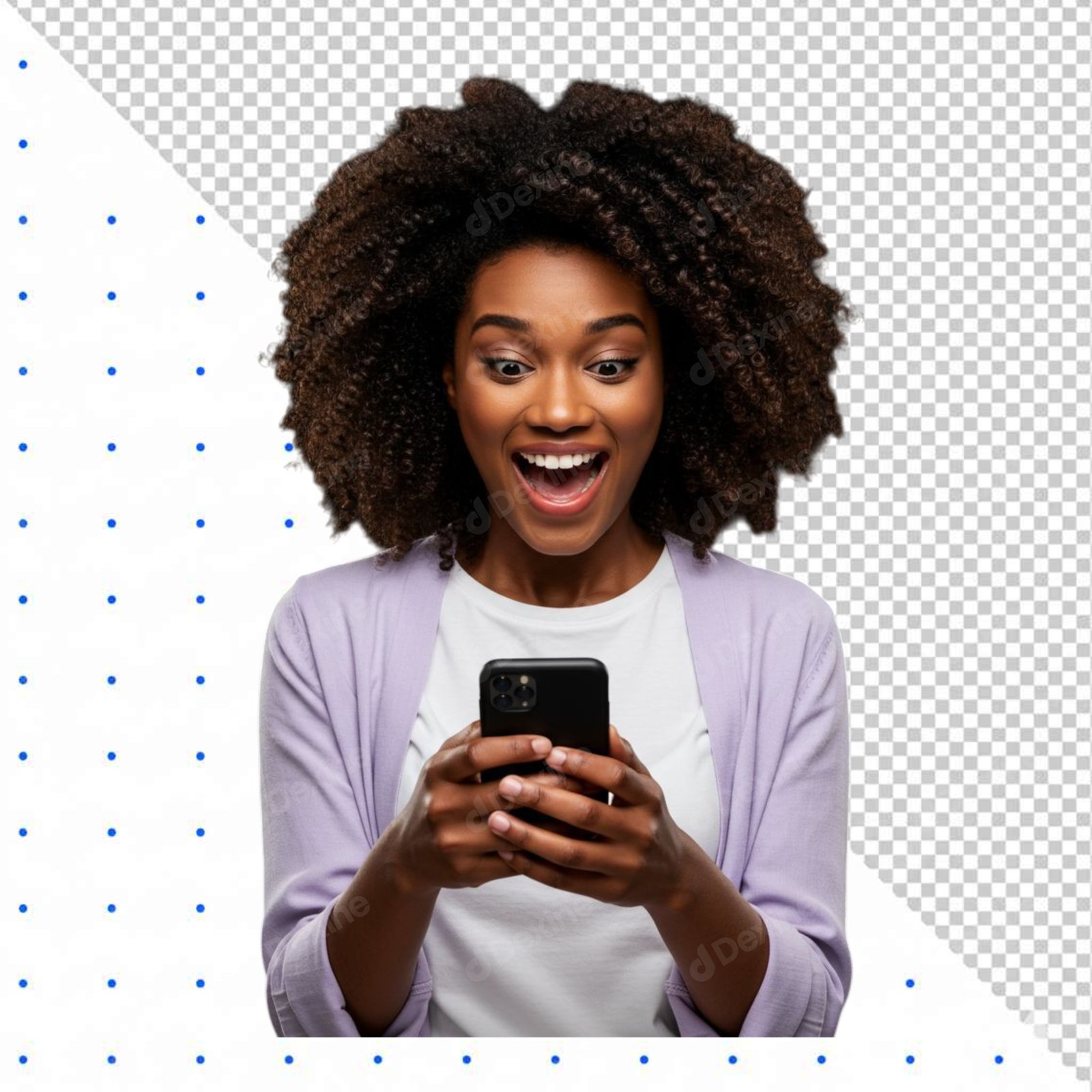 Excited Black Woman Using Smartphone Isolated Transparent Background