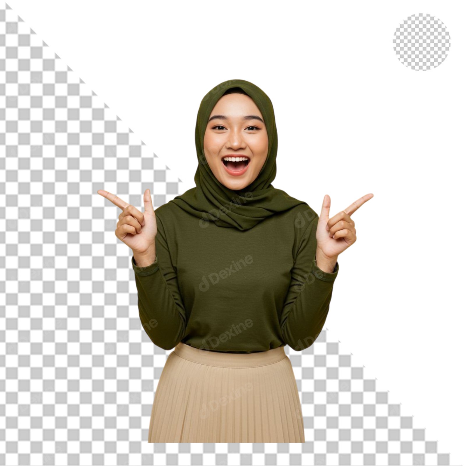 Excited Muslim Woman In Hijab Pointing Sideways Isolated Transparent PNG