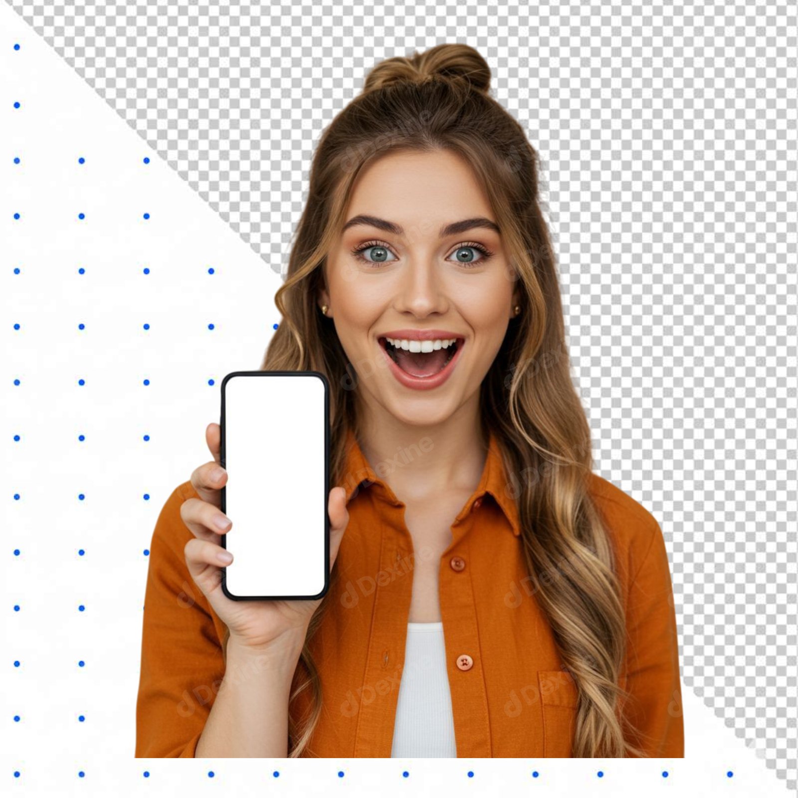 Excited Woman Holding Blank Smartphone Screen Transparent PNG