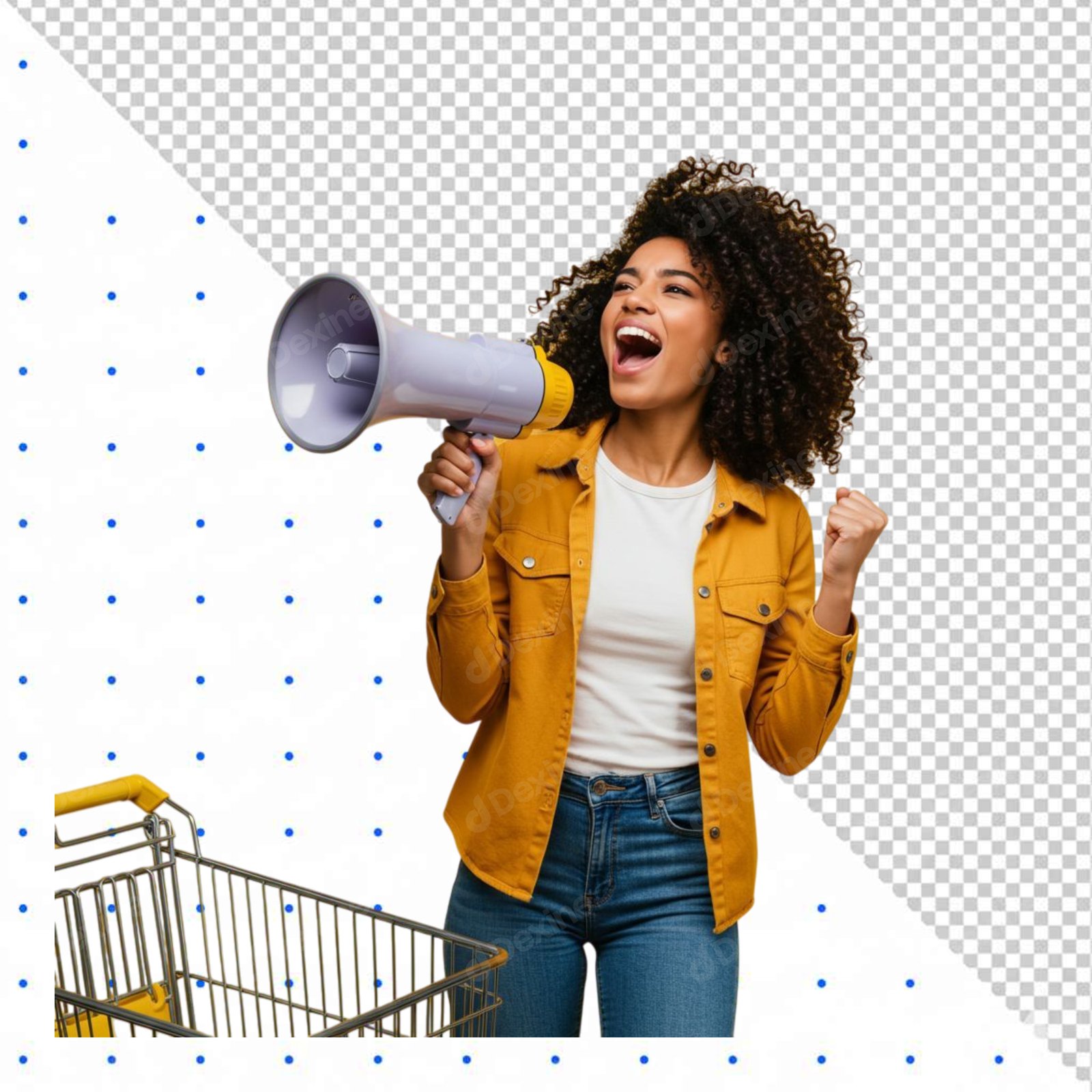 Excited Woman Shouting Into Megaphone With Shopping Cart Transparent PNG