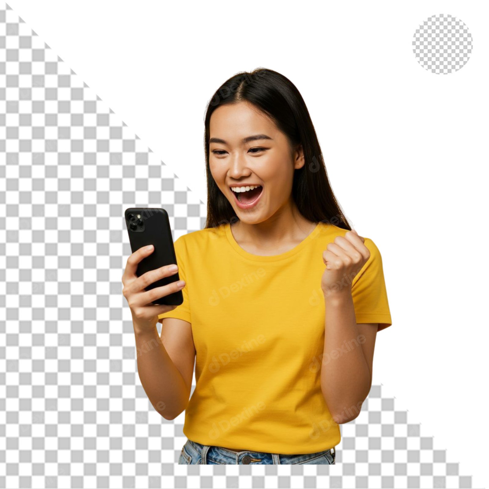 Excited Young Asian Woman Celebrating Success With Phone Transparent PNG
