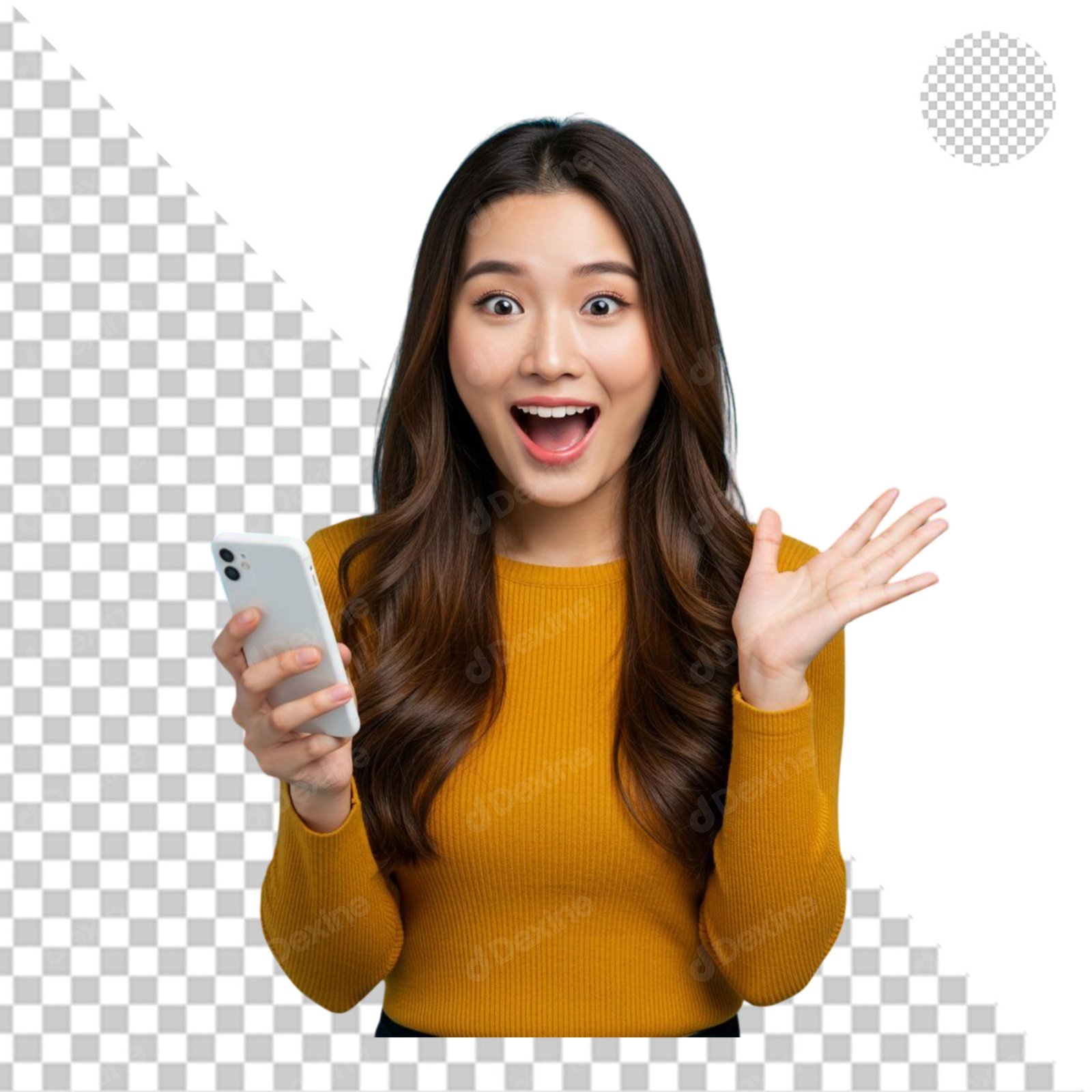 Excited Young Asian Woman Holding Smartphone Transparent Background PNG