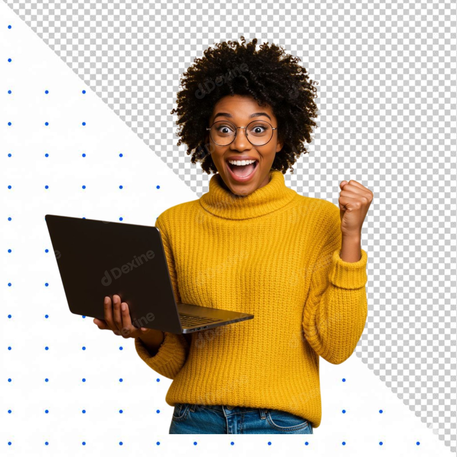 Excited Young Black Woman With Laptop And Fist Pump On Transparent Background