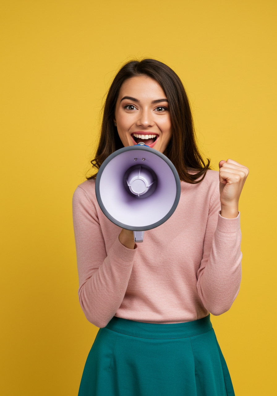 Excited Young Woman Announcing News With Megaphone On Yellow Background