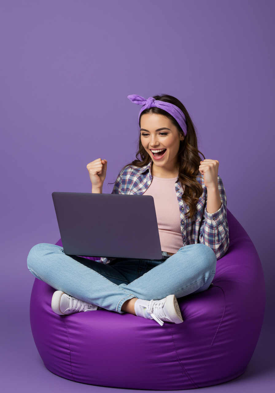 Excited Young Woman Celebrating Success While Using Laptop