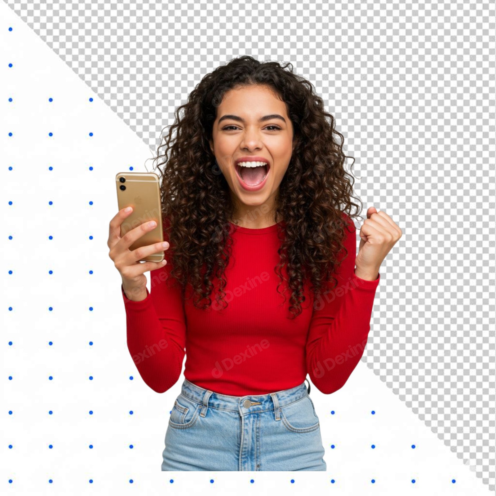 Excited Young Woman Cheering With Smartphone Isolated PNG