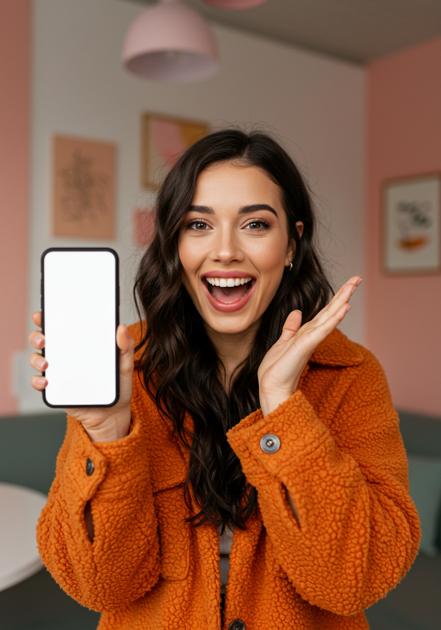 Excited Young Woman Showing Blank Smartphone Screen With Copy Space