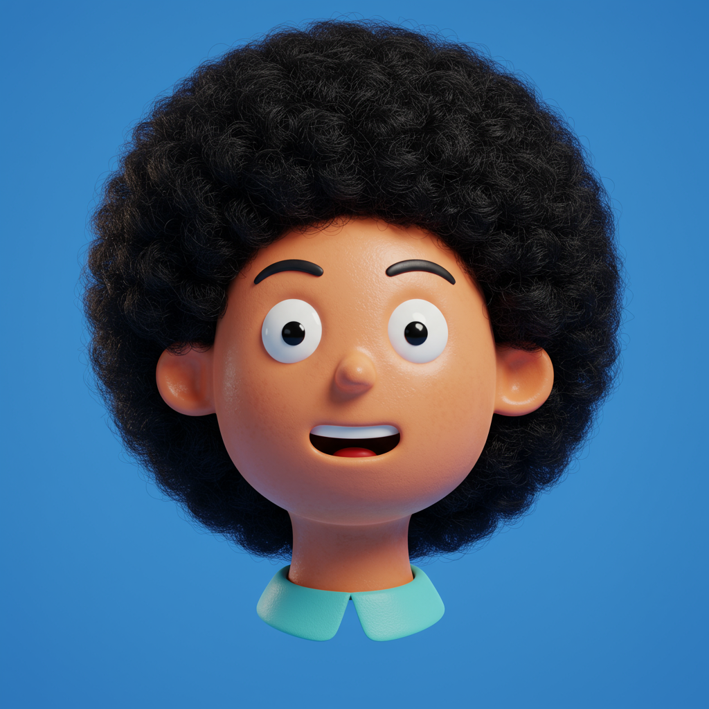 Expressive 3D Cartoon Boy Avatar With Curly Hair On Blue