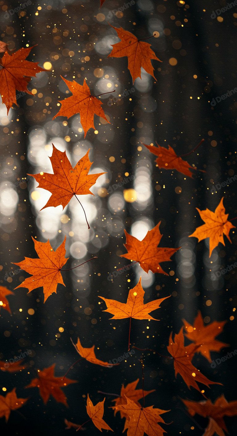 Falling Autumn Maple Leaves With Golden Bokeh For A Festive Season Vibe