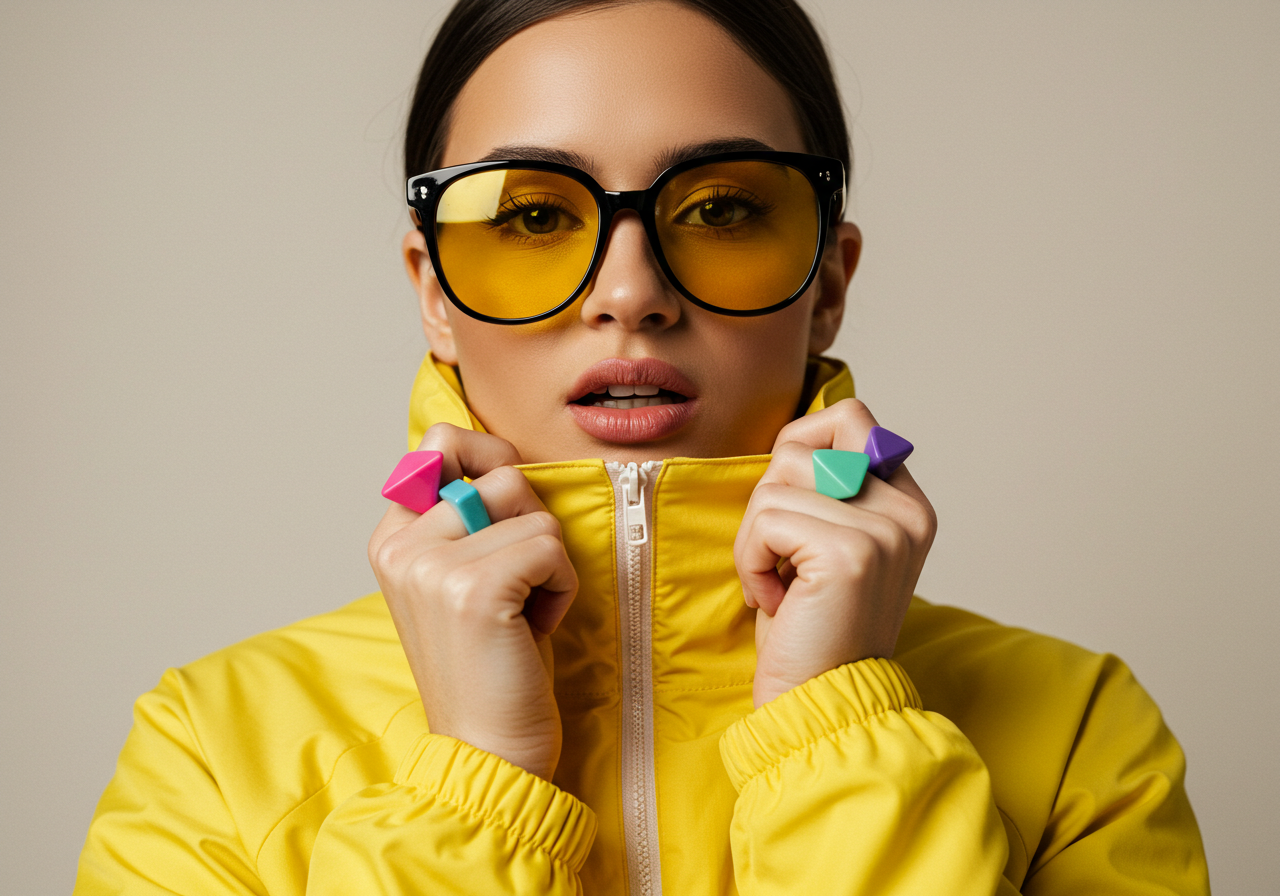 Fashionable Woman In Yellow Sunglasses And Retro Style Portrait