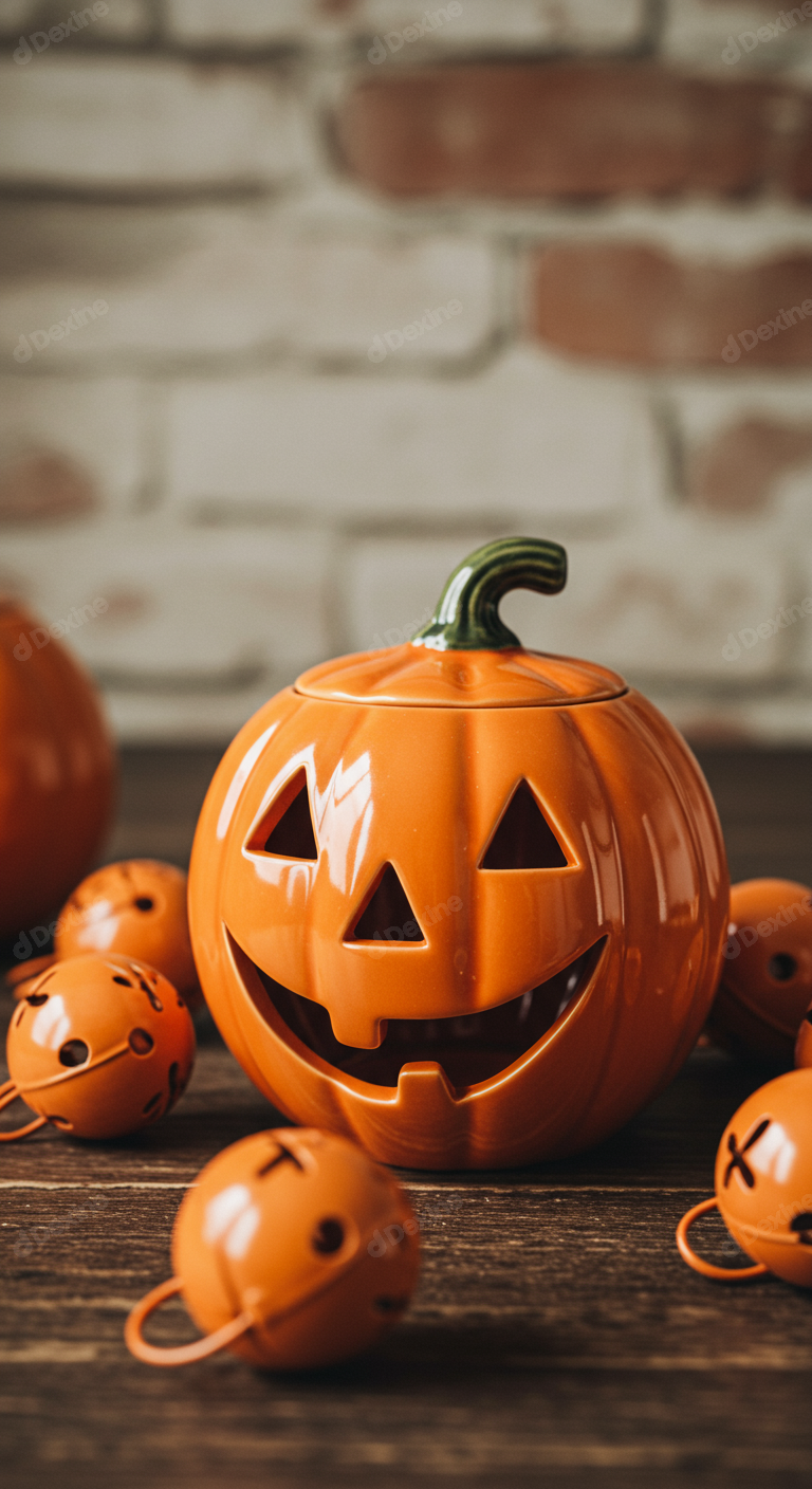 Festive Ceramic Jack O Lantern With Halloween Decorations On Wooden Table