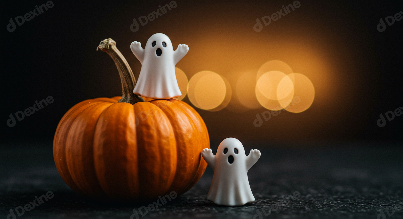 Festive Halloween Still Life With Cute Pumpkin And Ghosts