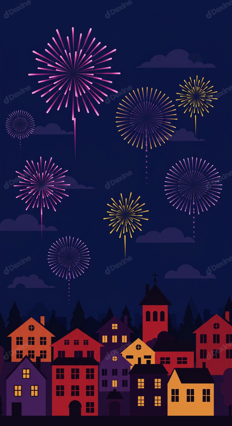 Festive Season Vibe Colorful Fireworks Exploding Over A Quaint Village At Night