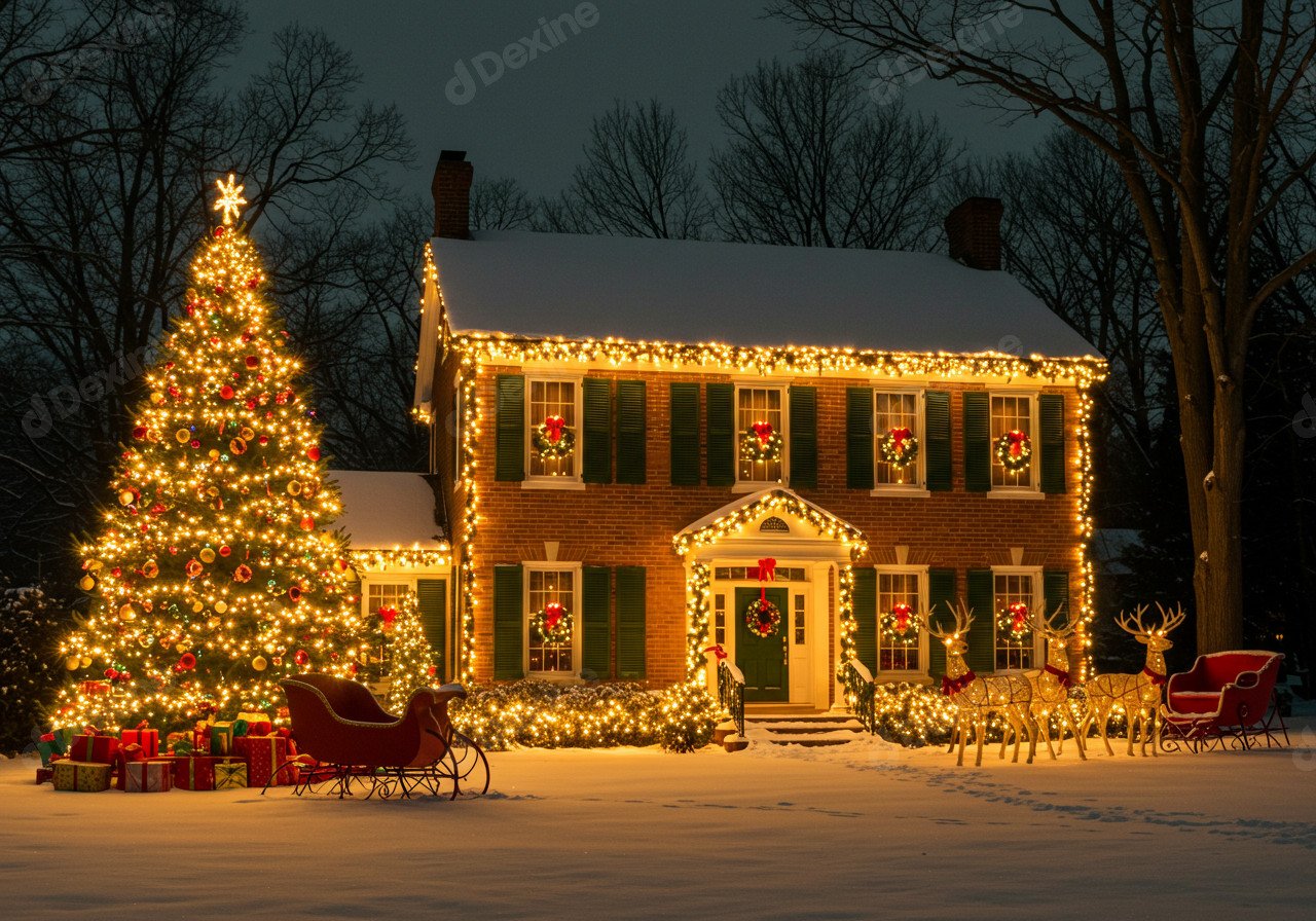 Festive Season Vibe Cozy Home Adorned With Christmas Lights And Snow