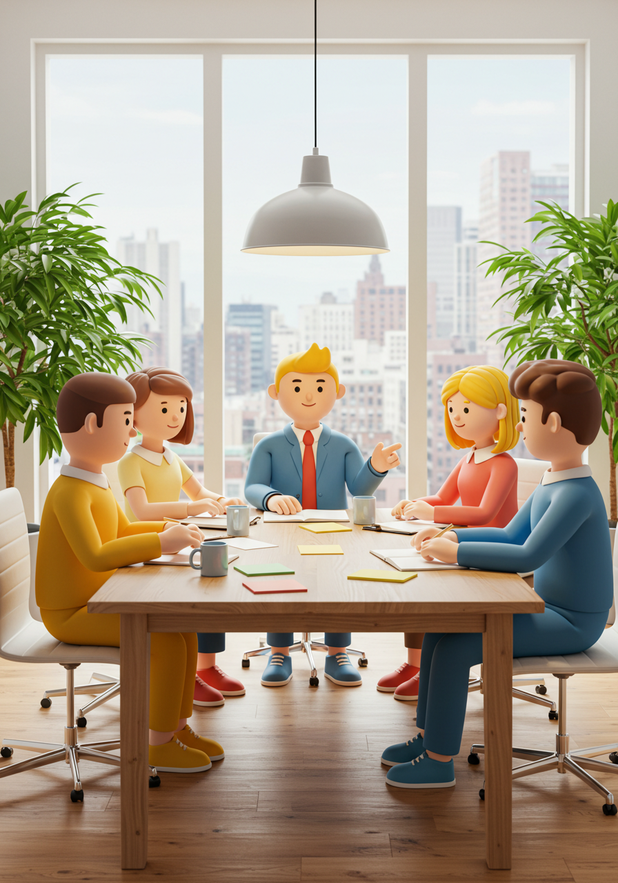 Five 3D Cartoon Business People In A Productive Office Meeting