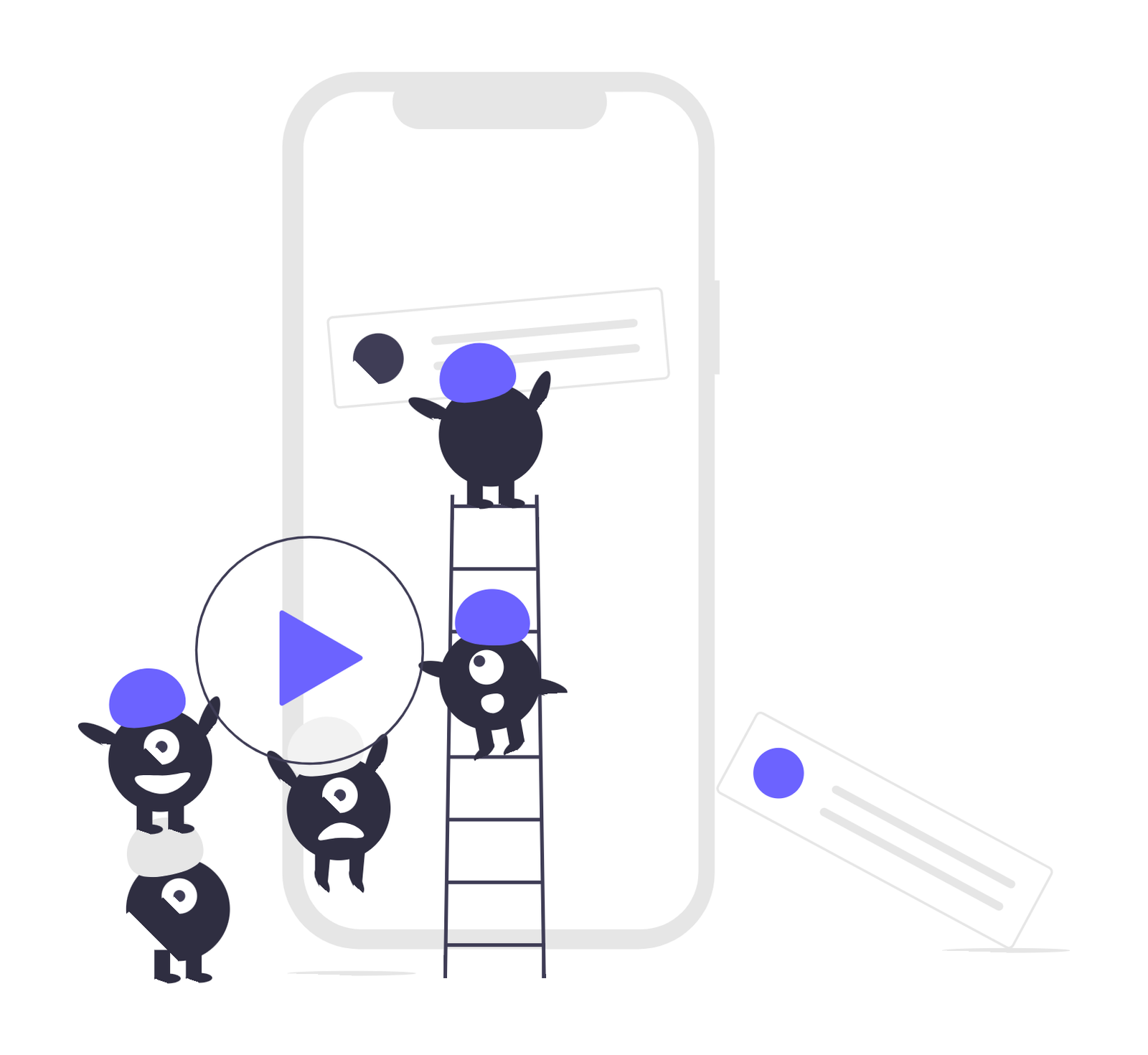 Flat Design Characters Interacting With Mobile App And Video Content