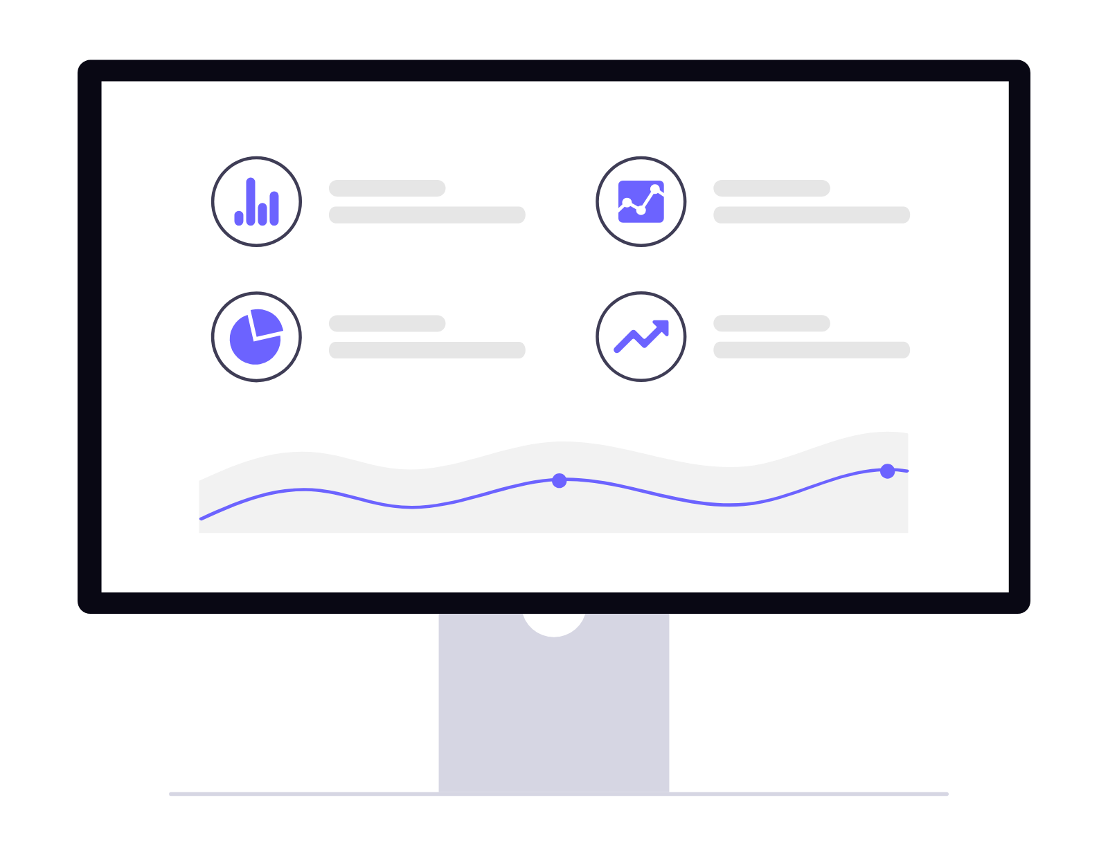 Flat Design Computer Monitor Displaying Data Analytics Dashboard