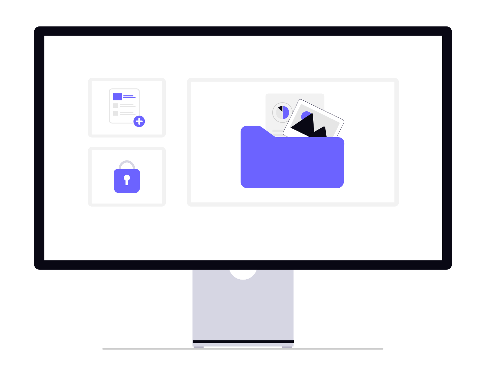 Flat Design Computer Monitor With Digital File Management Icons
