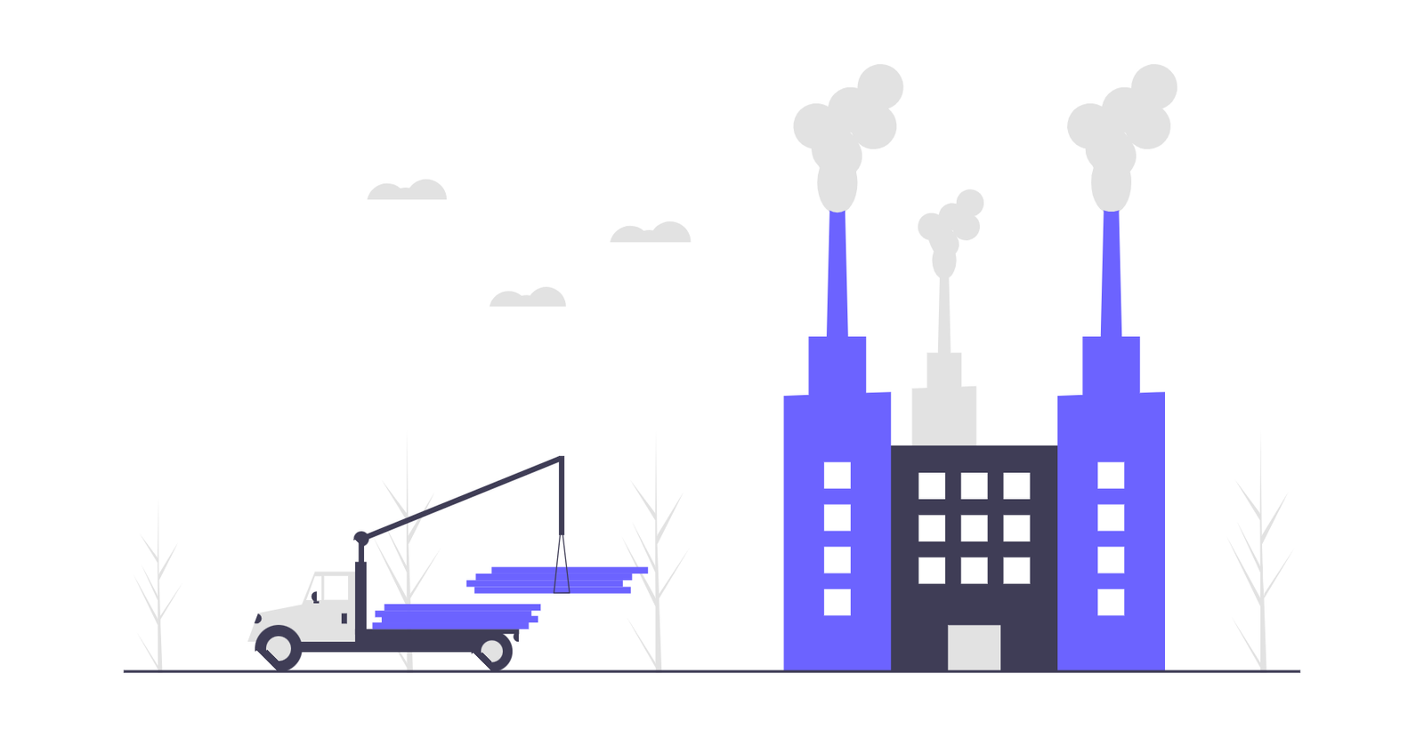 Flat Design Illustration Of Factory Logistics With Crane Truck