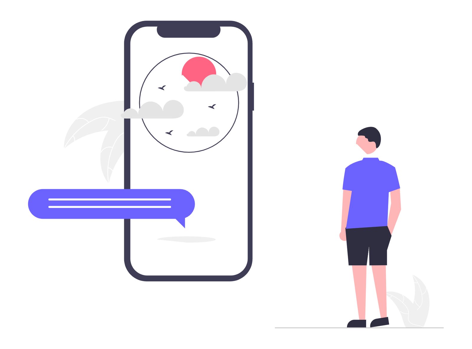 Flat Design Illustration Of Man Viewing Phone With Chat Message And Nature Scene