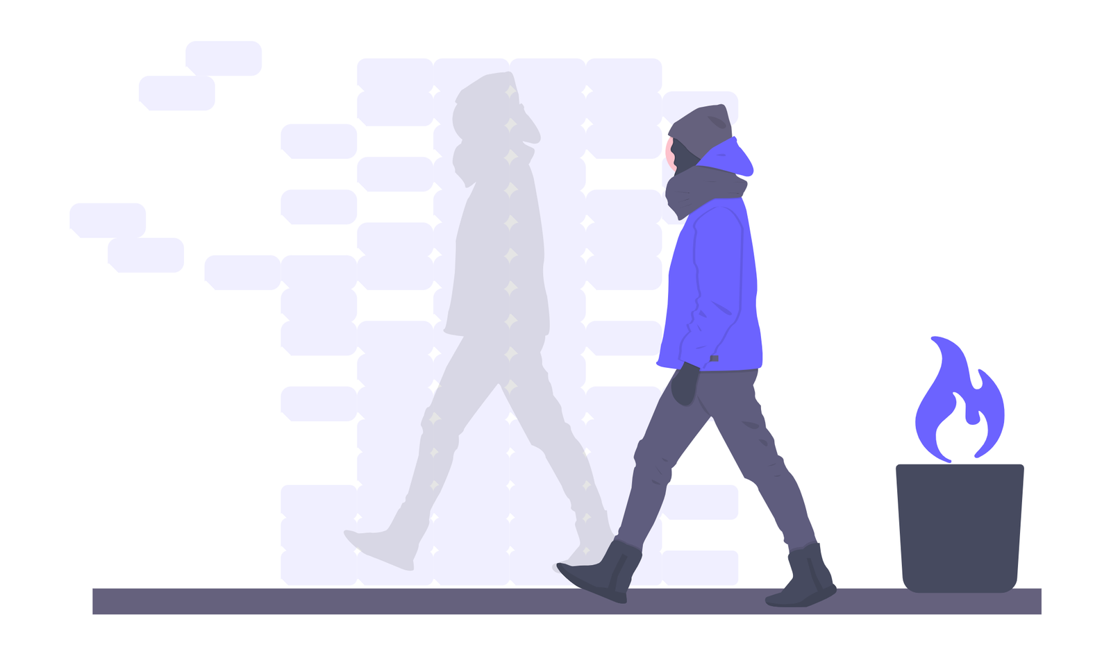 Flat Design Illustration Of Person Walking With Shadow And Blue Flame
