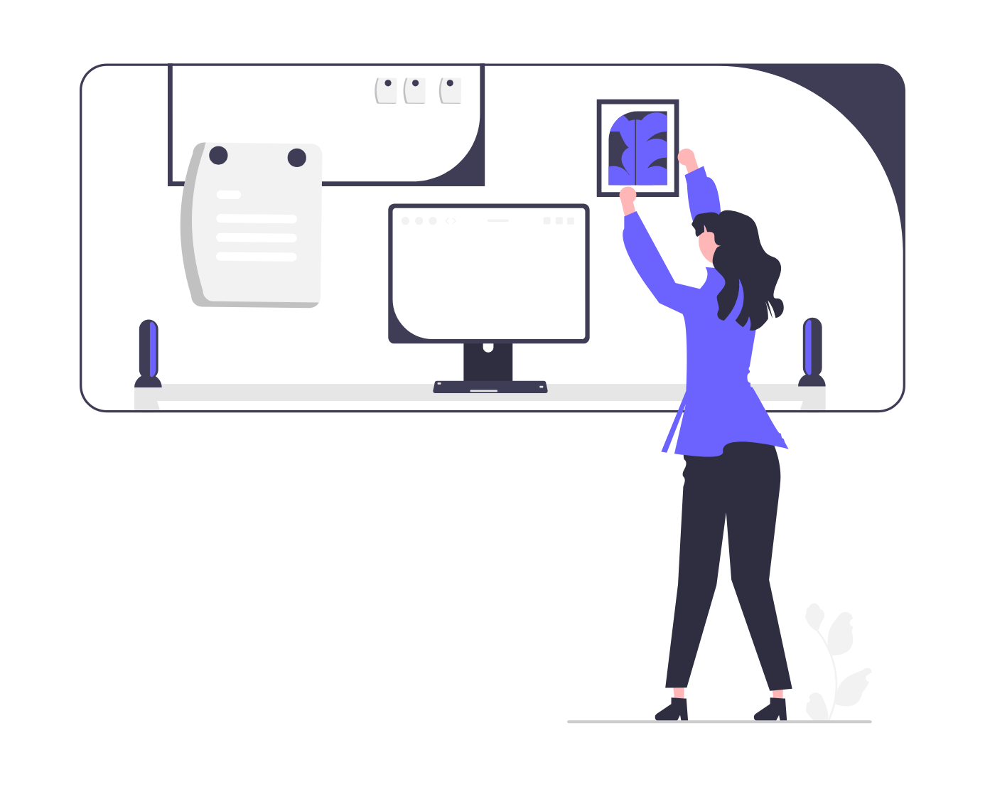 Flat Design Illustration Of Woman Decorating Modern Office Workspace