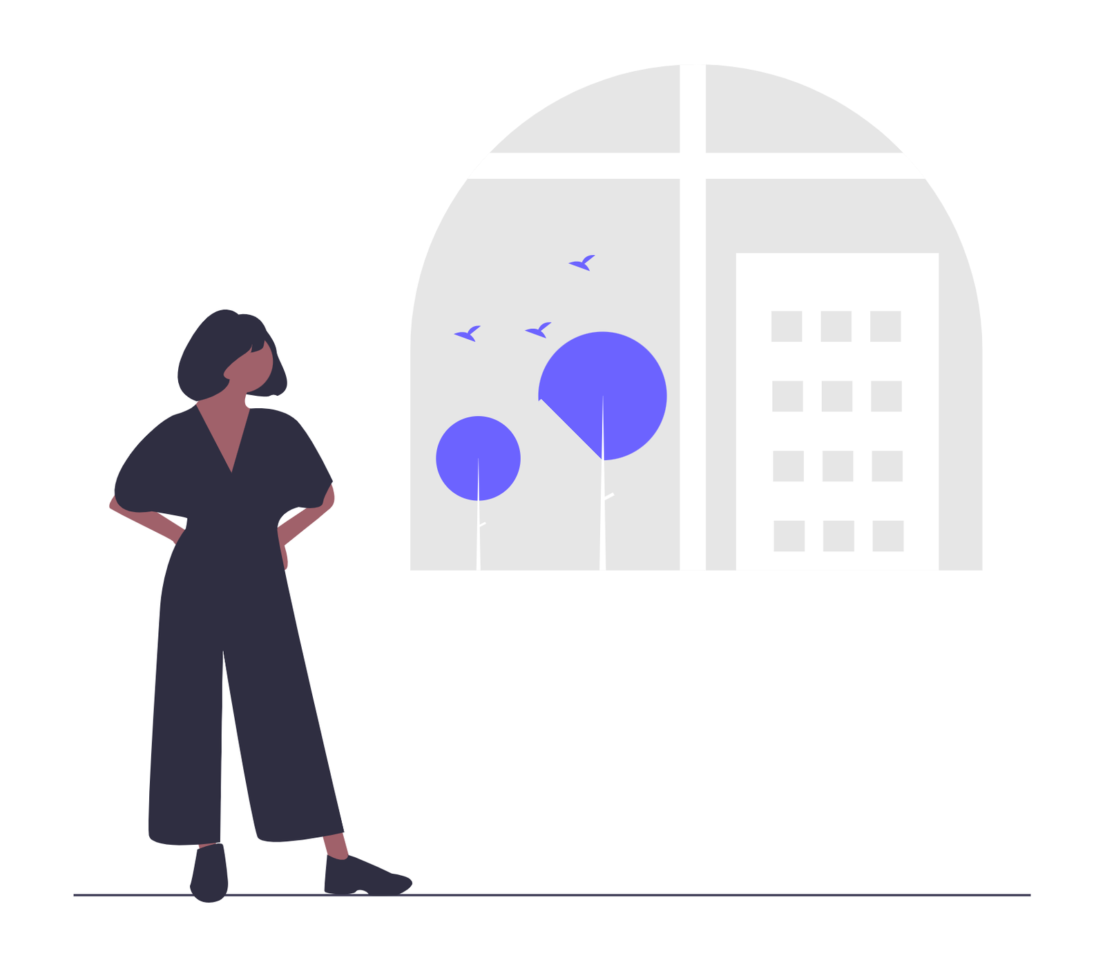 Flat Design Illustration Of Woman Looking Out Window At City View