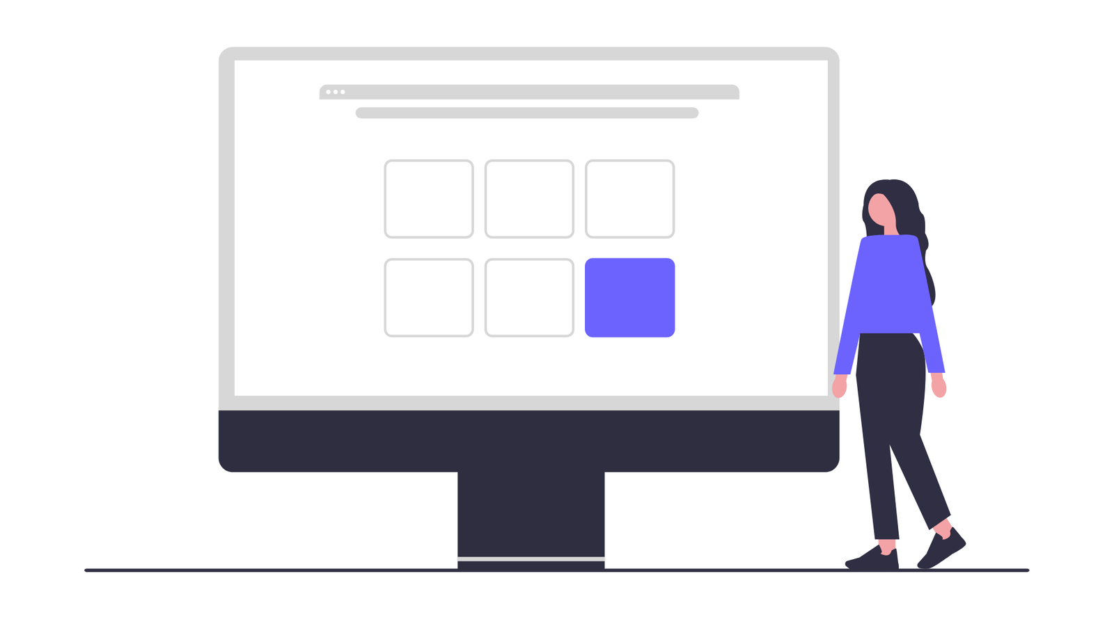 Flat Design Woman Choosing Digital Content On Large Computer Screen