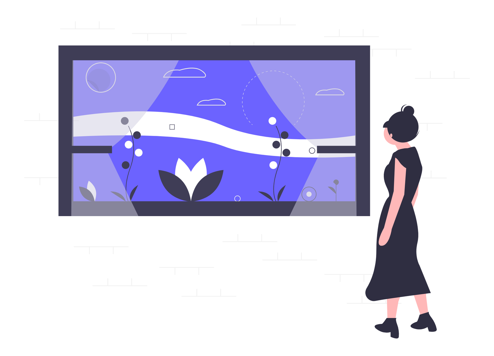 Flat Design Woman Contemplating Abstract Botanical View In Window